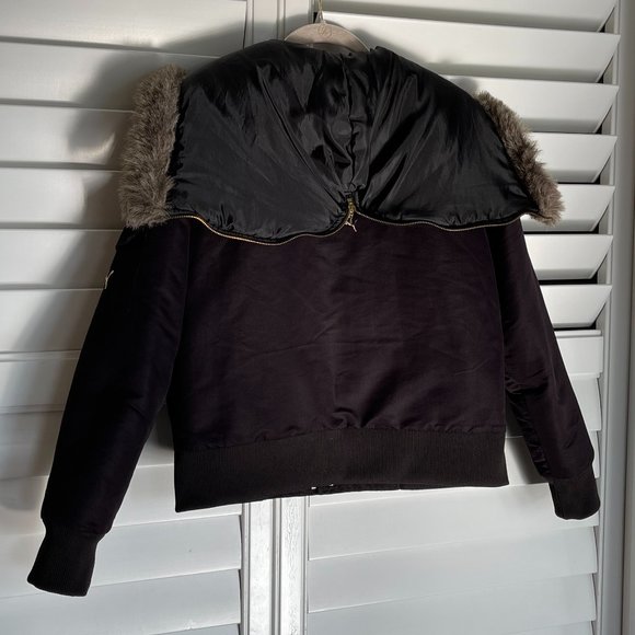 Black Puma Bomber Faux Fur Hooded Moto style Jacket Sized Large - Picture 11 of 14